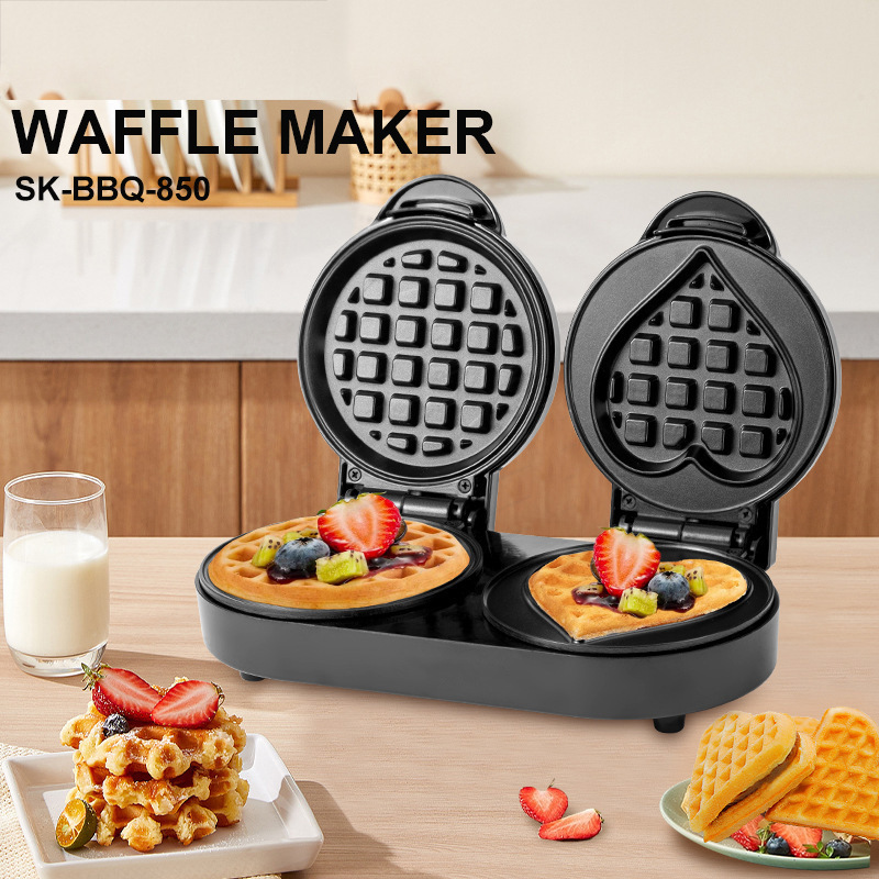 110V ダブルプレートワッフルメーカー、丸型＆ハート型ミニ - Mini Waffle Maker Machine のレビューと価格