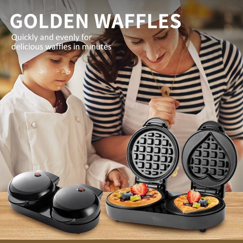 110V ダブルプレートワッフルメーカー、丸型＆ハート型ミニ - Mini Waffle Maker Machine のレビューと価格